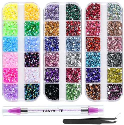 Canvalite 12500Pcs Small Resin Rhinestones for Nail Art, Colorful 2/3MM Flatback Bedazzling Gems, Nail Rhinestones and Gems Crystals Charms for Acrylic Tips Manicure Decor