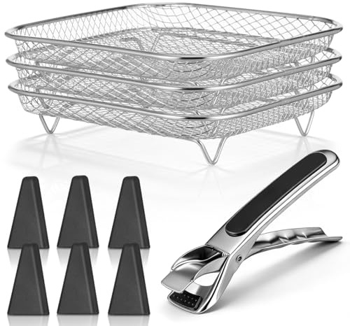 JECOMPRIS 3 Tier Air Fryer Rack Stackable Air Fryer Dehydrator Rack 304 Stainless Steel Food Drying Shelf with Foot Covers and Clamp for Oil Draining Steaming Dehydrating Dishwasher Safe