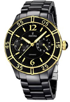 Festina Damen Uhr Analog Edelstahl Keramik Schwarz - Quarzwerk Multifunktion - Mineralglas hochresistent - 5 ATM wasserdicht - Special Prices F16634/2