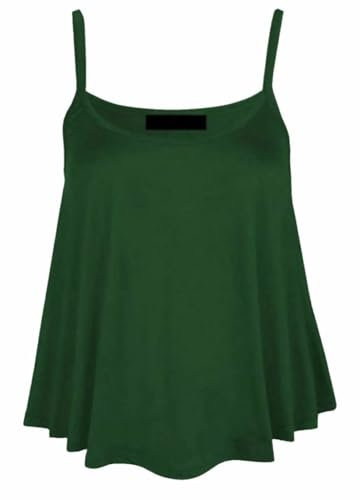 New Womens Plain Swing Vest Sleeveless Strappy Cami Ladies Plus Size Flared Top Size UK 8-30 Bottle Green