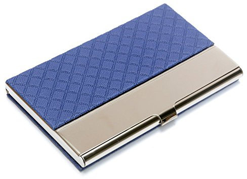 Porte cartes de visite en acier inoxydable et cuir gaufré avec doublure en flanelle bleu
