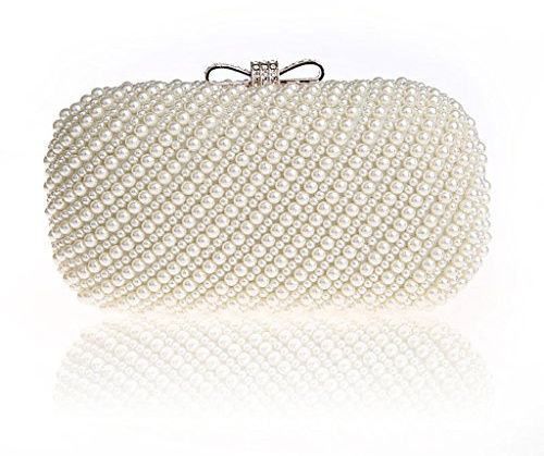 HONGCI Glitter Fashion Beaded Sequin Pearl Clutch Bag for Women - Vintage Beaded Evening Bag, Bridal Bag, Clutch Handbag for Wedding, Party, Prom (Off White)