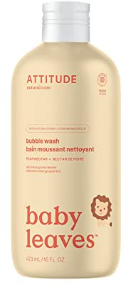 ATTITUDE Bubble Bath and Body Wash for Baby, EWG Verified, Dermatologically Tested, Plant- and Mineral-Based Ingredients, Vegan, Pear Nectar, 473 mL