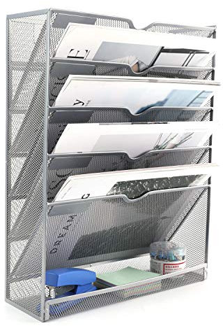 EasyPAG Metal 6 Tier A4 Wall Mounted Document Holder,Hanging Wall File Organiser,Pigeon Holes Storage,In Tray,Magazine Rack for Office & Home Upgrade,Silver