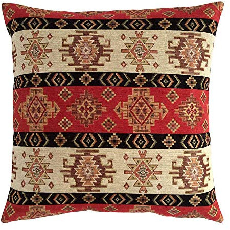 pillowerus Moderner Boho Kelim Kissenbezug, Rot und Creme, 40.6x40.6 cm, dekorative Tribal-Kissen, Hippie-Raumdekoration für Couch, ethnische Kissenbezüge, Aztekenmuster