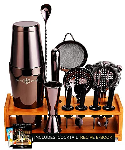 WinterCastle Enterprises Ensemble de 18 pièces pour cocktail tout-en-un, shaker à boisson, passoires et outils de bar essentiels, ensemble de bar pour un usage débutant et professionnel, noir