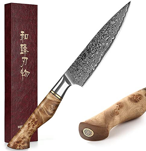 HEZHEN 12.5cm Universalmesser,scharfe Klinge-Damaskus Stahl Rosenmuster-Multifunktionales VG10 Gemüsemesser professionelles Obstmesser-Ergonomischer weißer Schatten Holzgriff-Master-Serie