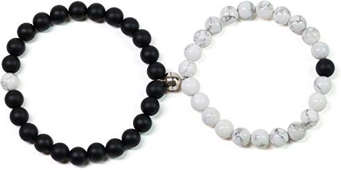 COAI Geschenkideen Yin und Yang Armbänder aus Mattem Onyx und Howlith mit 925 Sterling Silber Magnet Charm für Pärchen