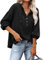 VIGVAN Kapuzenpullover Damen Hoodie Langarm V-Ausschnitt Pullover Knopfleiste Henley Sweatshirt mit Kapuze Kordelzug Oberteil (Schwarz,XL)