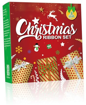Schleifenband Weihnachten für Kunsthandwerk Schleifen 8 Rollen - Wired Bänder für Verpackung- Satin Curling Dekoration Band