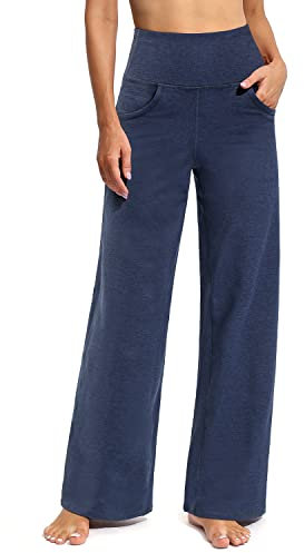 Promover Women's Activewear Trousers Yoga Trousers with Pockets Straight Wide Leg Stretch Work Tracksuit Bottoms Gym Joggers Causal Lounge Tummy Control Pants Petite/Regular/Tall,Navy Heather,XXL