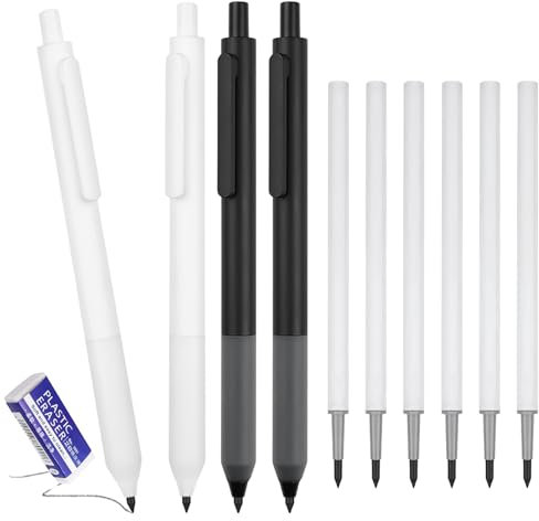 FainFun Tintenlose Bleistifte Ewig, 4 Stück Unendlicher Bleistift Schwarz mit 6 Stück Ersatzmine, Ewiger Bleistifte Dünn, Leicht Abwischbarer Tintenloser Bleistift Ewig, Tintenloser Stift für Kinder