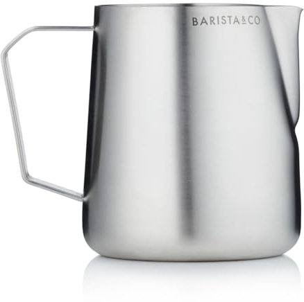 Barista & Co Pro Milk Pitcher - Stainless Steel Milk Jug for Coffee Machine with Measuring Marks - Steel 400ml Milk Frothing Jug for Coffee Art Making, as Latte, Cappuccino etc.