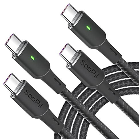 SOOPII 100W PD USB C to USB C Cable,[2-Pack 10ft] Type C Cable with Smart LED Indicator for lPhone 16/15/15 Pro/15 Plus/15 Pro Max, lPad Air/lPad Pro, MacBook Pro,Galaxy S23/S21/S10/S9/Plus