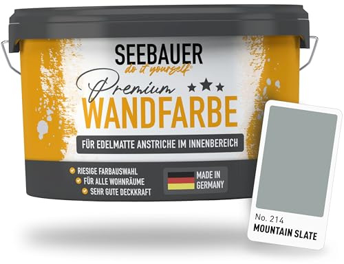 SEEBAUER diy Wandfarbe Grau 10L für Innen (No. 214 Mountain Slate) Edelmatte graue Innenfarbe - Grautöne sehr hohe Deckkraft - Matt, Abwaschbar und Tropffrei