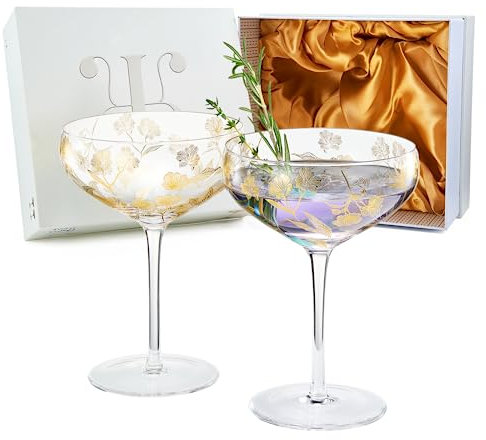 Vintage Gold Floral Aufkleber Champagner Coupe,Set von 2,370 ml, goldenes Blumen-Design, Cocktail-Glaswaren – Martini, Manhattan, Cosmopolitan, Wein – Regal Weinblatt-Design, Geschenke für Sie