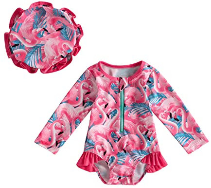 Maillot de Bain Nouveau-né Bébé Fille 1 Pièce Body Combinaion Manches Longues Anti-UV Costume de Bain Natation et Chapeau de Soleil (Flamant Rose, 2-3 Years)