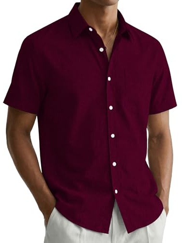 COOFANDY Shirts for Men Short Sleeve Shirt Summer Casual Shirts Regular Fit Holiday Shirt with Pocket Wine Red 3XL