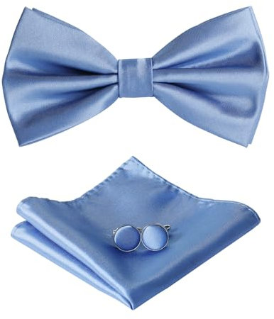 HOULIFE Fliege Herren Set - Verstellbare Fliege aus Satin Polyester Vorgebunden Fliege, einfarbige Einstecktuch, Manschettenknöpfe Set für Bräutigam Hochzeit mit Geschenkbox, Dunstblau