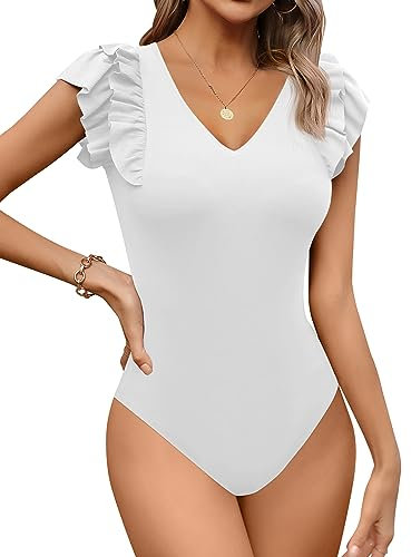 Missufe Elegant Rüschen V Ausschnitt Body Damen Kurzarm Sommer Oberteil Top (Weiß, X-Groß)