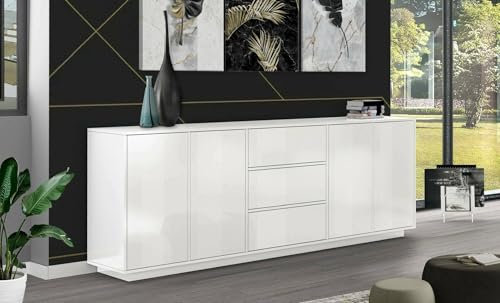 Dmora - Buffet Jack, Buffet de Cuisine avec 4 Portes et 3 tiroirs, Buffet de Salon, 100% Made in Italy, 220x41h86 cm, Blanc Brillant