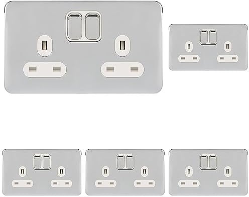Schneider Electric Lisse Screwless Deco - Switched Double Power Socket, 13A, GGBL3020WPC, Polished Chrome with White Insert (Pack of 5)