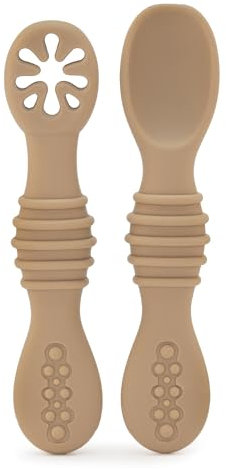 BABYZOCO PreCucharas bebe, Cucharas bebe, Cucharas BLW, Cubiertos de iniciación, Set de cucharas Aprendizaje bebe, Antibacteriana, Ergonómicos, Desde 0 meses hasta 18 meses, Silicona, Beige