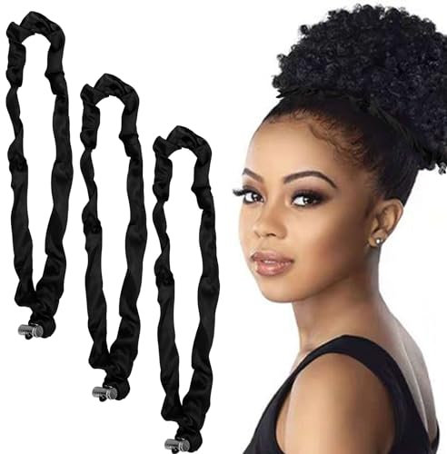 3-teiliges verstellbares Haargummi, Afro-Puff-Haargummi aus Satin, lange schwarze Haargummis für dickes, lockiges Naturhaar, rutschfeste Stirnbänder für Afro-Puffs Pferdeschwänze, Haarknoten-Zubehör