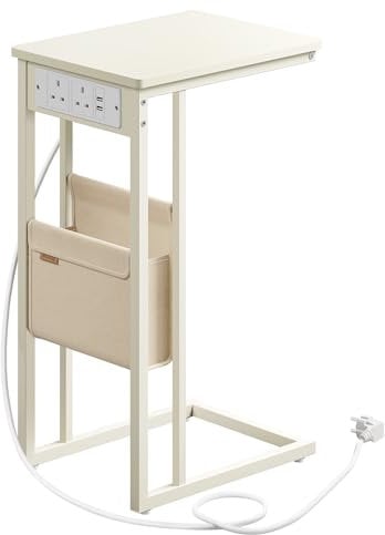 VASAGLE Side Table, Bedside Table with Charging Station, C-Shaped End Table for Small Spaces, 2 USB Ports and Outlets, Storage Bag, Adjustable Feet, for Bedroom, Living Room, Cream White LET356W03