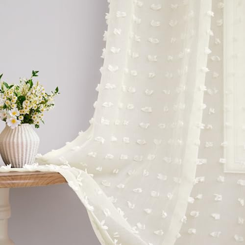 DANCURTON Transparente Pompon-Vorhänge, 132 x 244 cm, cremefarben