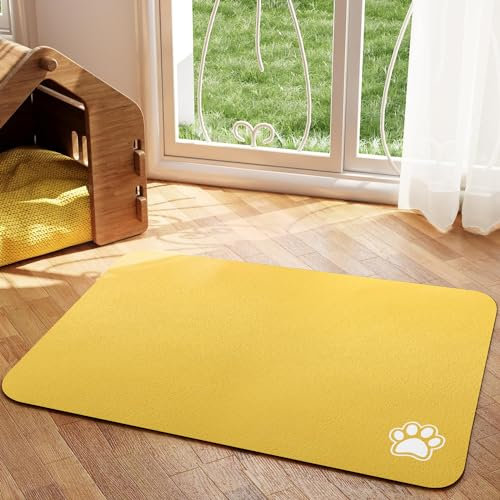 HotLive Pet Feeding Mat - Absorbent Dog Mat for Food and Water, No Stains Cat Bowl Mat, Easy to Clean Pet Placemats, Quick Dry Dog Water Dispenser Mat for Messy Drinkers | Paw Yellow 18x 28