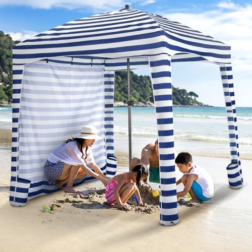 RELAX4LIFE Tente de Plage Pliable 1,8x1,8 M, Auvent Abris de Plage Portable avec Paroi Latérale Détachable, Hauteur Réglable, 8 Sacs de Sable, Sac Transport, Protection Solaire, Montage Facile (Bleu)
