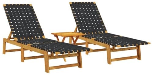 vidaXL Sonnenliegen 2 STK., Sonnenliege mit Gurtdesign Tisch, Liegestuhl für Pool Terrasse Garten, Gartenliege Relaxliege Gartenmöbel, Schwarz Massivholz Akazie Stoff