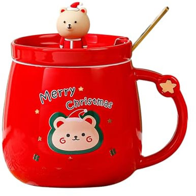 Durdiiy Tazas de Cerámica de Navidad, 400ml Set de Regalo de Tazas Navideñas con Caja con cuchara, Tazas de café de cerámica, Taza Navideña Para Café con Asa,El Mejor Regalo para Padres (Rojo-A)