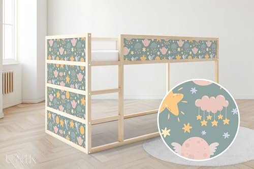 Unik Nordic Aufkleber für IKEA KURA Hochbett, Mond Sterne 5-Sticker-Set Oben, Bettaufkleber, Sticker für Kinderbett, Möbelfolie fürs Kinderzimmer, Bettfolie für Kinder, Set 5 Teilig