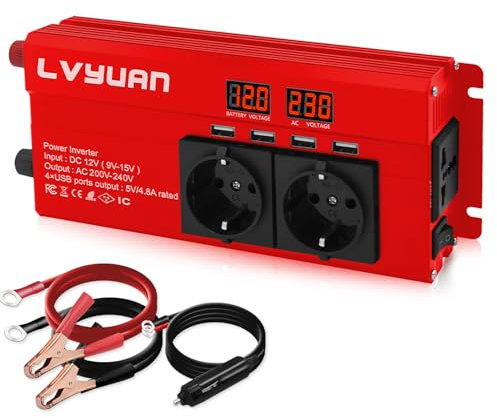 Spannungswandler 12V 230V 1000W/2000W Wechselrichter mit 2 Steckdose und 4 USB LED Spannungsanzeige