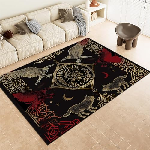 Srigzcaly Viking Nordischer Teppich 80x150cm mit Runen und Tiermotiven, Schwarz Gold Rot, Flanell Kurzflor Weiche Waschmaschinenfest rutschfeste Teppich für Schlafzimmer, Spielzimmer, Wohnzimmer Deko
