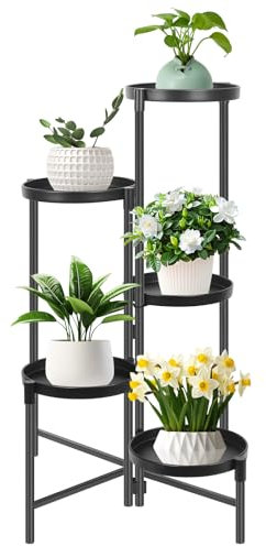 HOTOOLME Plant Stands for Indoor Outdoor,5 Tier Metal Plant Stand,Flower Stand Foldable Plant Shelf for Living Room Garden Bedroom Patio Balcony,Black