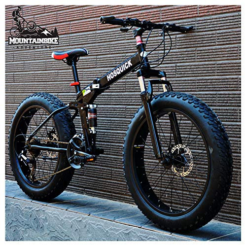 Fat Tire Mountainbikes 26 Zoll Doppelfederung für Männer und Frauen, Faltbares Mountainbike für Erwachsene mit mechanischen Scheibenbremsen, Mountainbike aus Kohlenstoffstahl, Schwarz, 7 Gänge