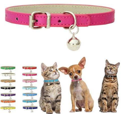 Collier rose vif pour chaton avec clochette, collier en cuir synthétique souple avec boucle réglable pour petit chien, taille XXS XS XS XS minuscule femelle, mâle, garçon, fille, animaux de compagnie,