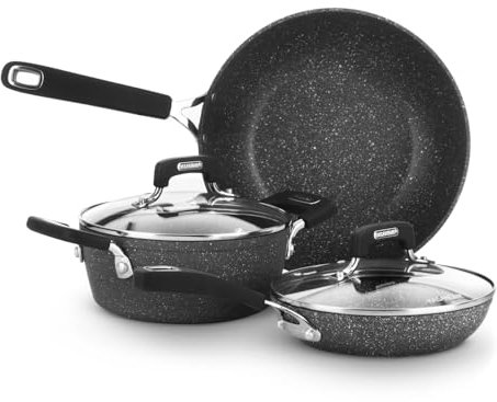 Set pentole e padelle KASANOVA New Petra Dark, antiaderente, induzione e forno fino a 180°C, con presina e cucchiaio (5, Pezzi)
