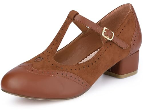 Allegra K Women's Mary Janes T-Strap Ankle Strap Block Heels Pumps Brown 4.5 UK/Label Size 6.5 US