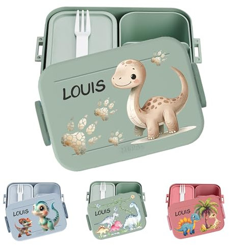 wolga-kreativ personalisierte Mepal Brotdose mit Dino Dinosaurier Motiven - Lunchbox Kinder, Jausenbox Kindergarten, Vesperdose Schule mit Fächern, Brotbüchse Geschenk Einschulung