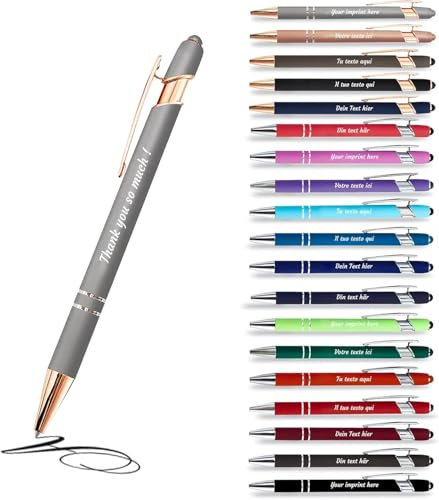 Jolis Papiers - x1 - Stift personalisiert 2 in 1 - Personalisiert Kugelschreiber mit Gravur I Rosegold-metall I in Geschenketui I Softtouch Feeling I schwarz schreiben I integrierter Stylus