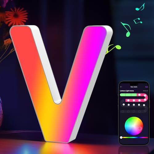 Cpeelsdo LED Buchstaben Lichter Alphabet RGB Farblich, Led Leuchtbuchstabe mit USB-Netzteil, APP-Kontrolle, Dimmbar, Dekoration für Geburtstag Weihnachten Hochzeit Party Valentinstag - Buchstaben V