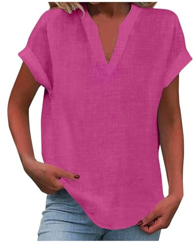 Chemise Lin Femme Chemise en Lin Femme V Bouton Manches Longues Tops Couleur Unie Lâche Respirant T-Shirts Grande Taille Pas Cher Casual Tunique Blouse Tee-Shirt 02-Rose Vif L