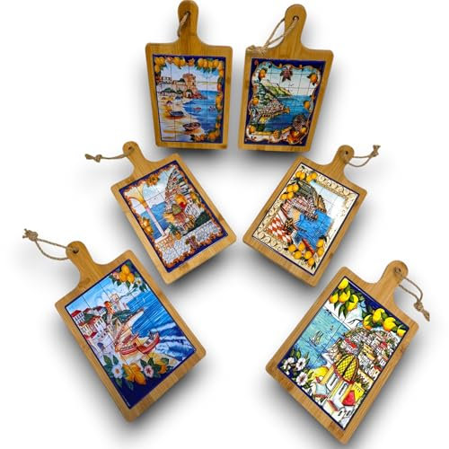 KORAT Set 6 Taglieri in Legno con Inserto in Ceramica Decorata 30x15 cm Stile Costiera Amalfitana, Motivi Mediterranei Dipinti a Mano, Ideali Come Decorazione, Regalo, Souvenir, Bomboniera Matrimonio