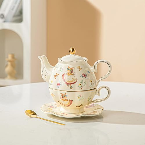 Teapot cup combo,Teapot and Teacup for One,Tea Cup and Saucer Set-Tea Pot Set Gift for Girl Women,Rabit