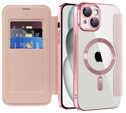 IMEIKONST for iPhone 15 Plus Case Flip Wallet Cover, Pink JDCX | RFID Blocking Card Holder, Camera Lens Protection, Magnetic Transparent TPU Back, Compatible with MagSafe, PU Leather