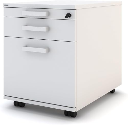 ASSMANN Rollcontainer Pontis mit Holzfront & 3 Schubladen, 41x58x53cm | TÜV-Zertifiziert, fertig montiert für Büro und Homeoffice, kein Aufbau nötig, abschließbare Fächer mit Soft Close, Weiß